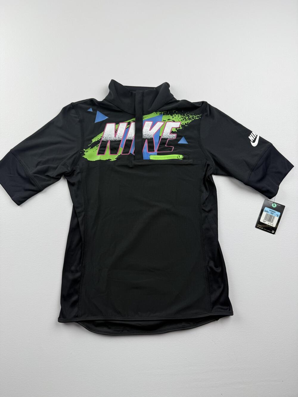 New Nike Shirt Womens Medium Black Mock Neck Short Sleeve Graphic Zip Pocket